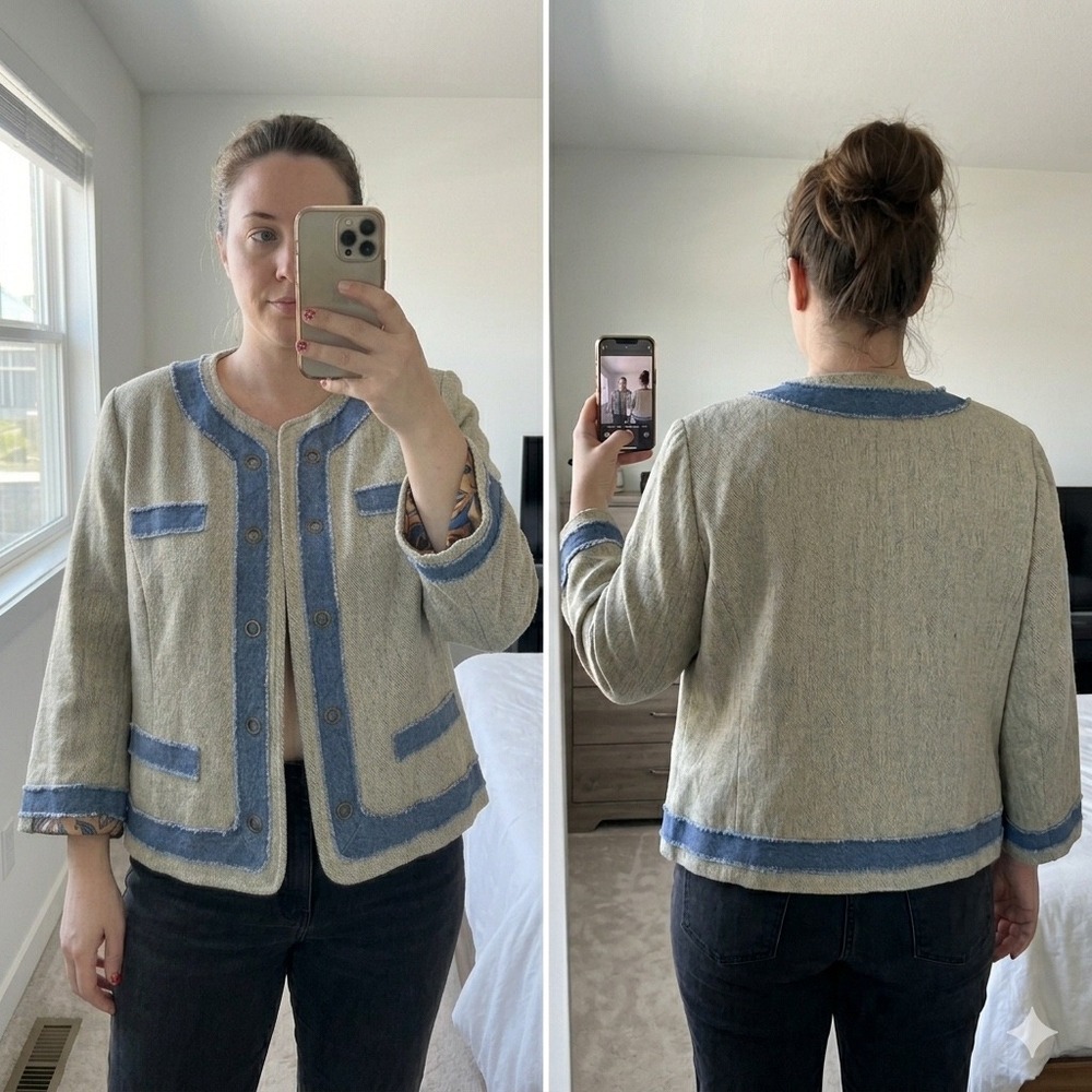 John‎ Mark Jacket XL Blue Denim Trim Fringed Tweed Open Front Boho Cardigan Coat